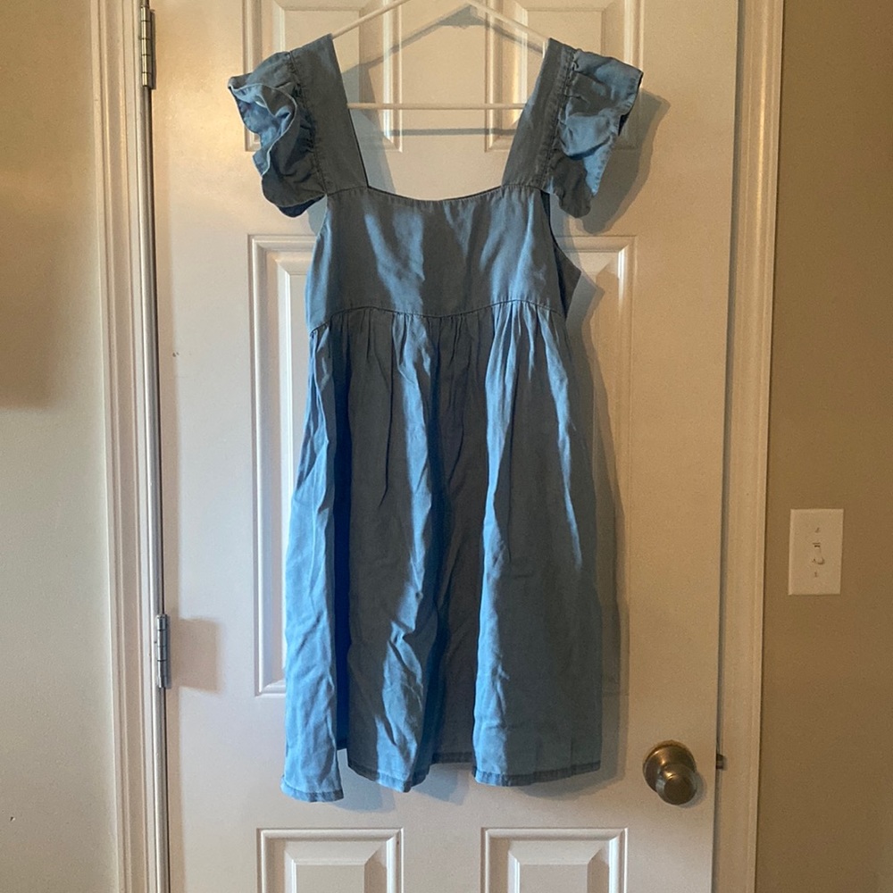 Maternity Pink Blush Miou Muse Denim Ruffle Sleeve Dress- new with tags